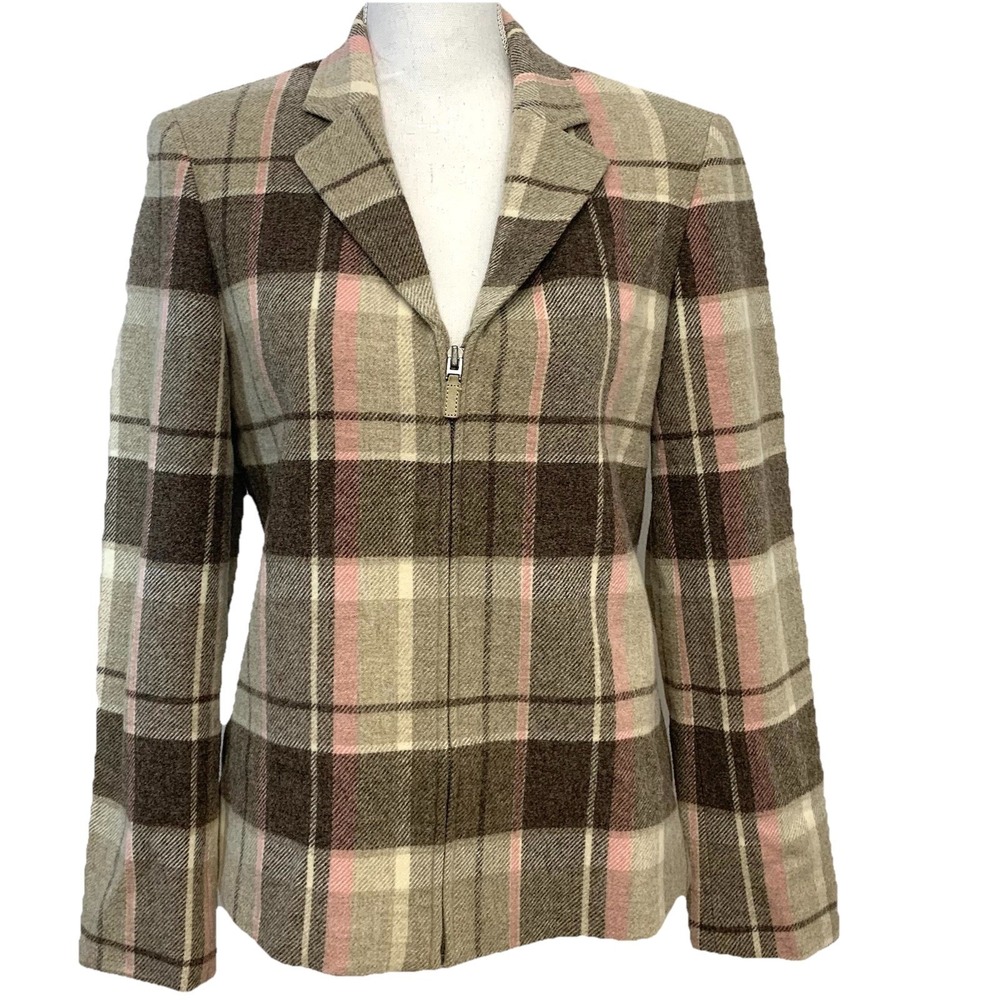 Jones NY Wool Blazer Jacket Full Zip Plaid Pink Brown Lined Preppy Office Sz 6